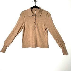 Free People Tan Merino Wool Polo Shirt Long Sleeve Preppy Old Money Normcore